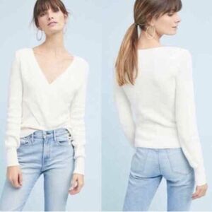 Anthropologie Moth | Liza Faux Wrap V-neck Ribbed Sweater Knit Cream XS